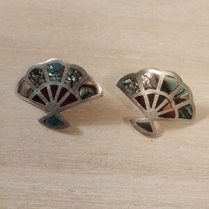 Sterling silver and Abalone onyx earrings from Mexico screw on backs unusual …